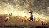 Sheep Canvas Paintings - Shepherdess Tending Sheep